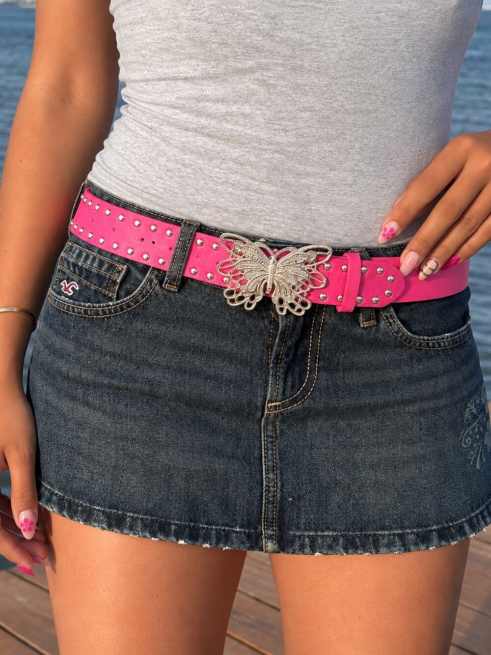 Y2K Hot Pink Studded Silver Butterfly Buckle Belt Glam Party OS